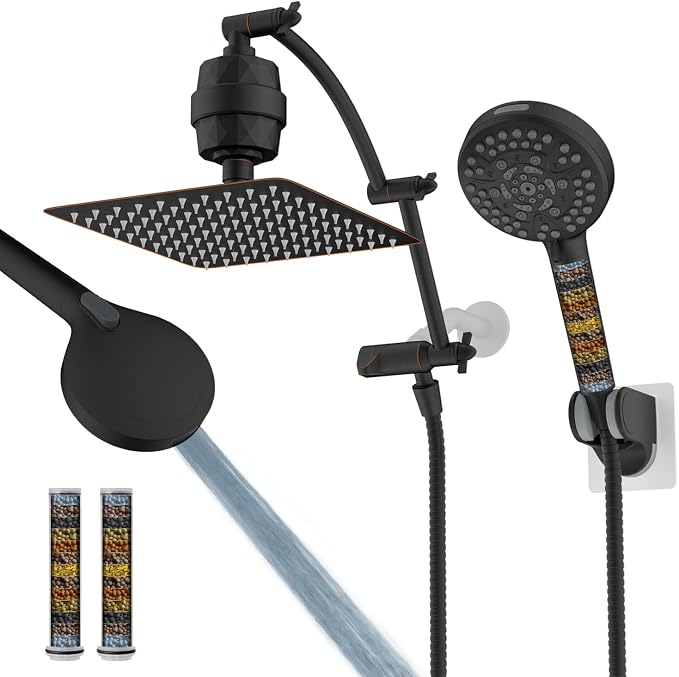 Hibbent 10" Dual Filtered Shower Head, 10-spray Handheld, Oil-Rubbed Bronze | All Metal High Pressure Rainfall Shower Head Combo with Filter, 16" Extension Arm, 3-way Diverter, 71" Hose & Shower Holder