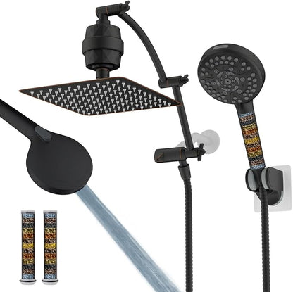 Hibbent 10" Dual Filtered Shower Head, 10-spray Handheld, Oil-Rubbed Bronze | All Metal High Pressure Rainfall Shower Head Combo with Filter, 16" Extension Arm, 3-way Diverter, 71" Hose & Shower Holder