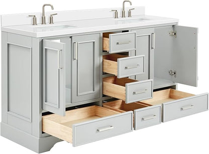 ARIEL Stafford 60-inch Bathroom Vanity with Sink,Solid Wood, 1.5-inch Pure White Quartz Countertop & Backsplash, Double Rectangular Porcelain Sink, 4 Soft Closing Doors, 6 Dovetail Drawers, Grey
