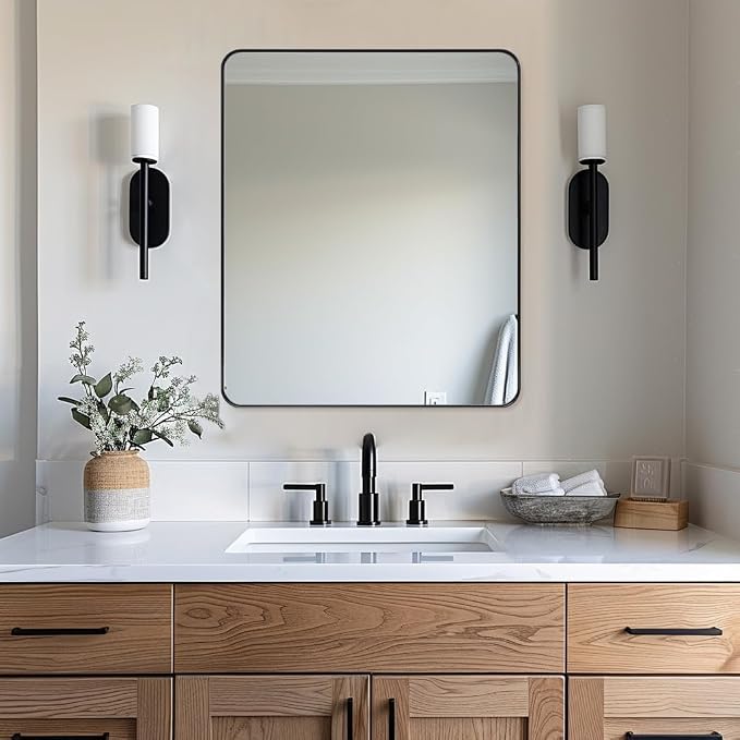 Wall Mirror for Bathroom, 30x36 Matte Black Bathroom Mirror, Modern Stainless Steel Metal Frame Rounded Corner Rectangle Mirror for Vanity