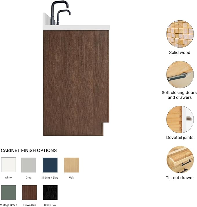 Isabella 66-Inch Brown Oak Double Bathroom Vanity with Sink, 1.5-Inch Edge Pure White Quartz Countertop & 4" Backsplash, Soft-Closing Doors & Drawers, Solid Oak Wood Construction