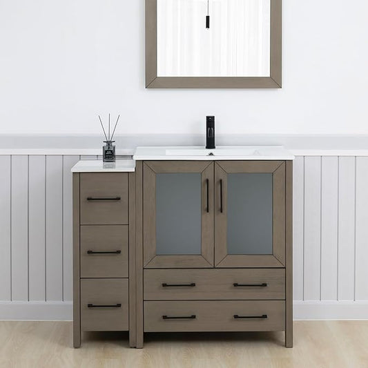 Vanity Art 42 Inch Under Mount Single Sink Bathroom Vanity Cabinet with 1 Mirror, Ceramic Top Bathroom Cabinet Compact Set with 5 Dovetail Storage Drawers, Matte Black Handles, VA3030-42-DG