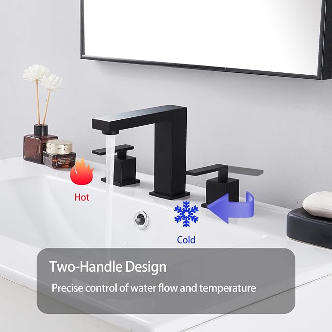 Matte Black Bathroom Faucet 3 Hole, Two Handle 8 Inch Widespread | Comes with Supply Lines & Pop-Up Drain, Easy Deck Mount, Square Shape, Fits Bathroom Vanity Sink, Powder Room & RV Sink