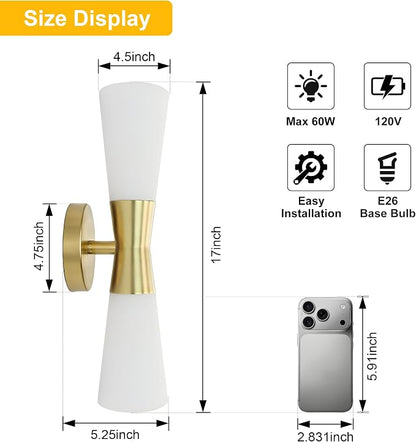 Bathroom Wall Sconce, Modern Indoor Vanity Light Fixtures 17", Up Down Lighting, Wall Mount Lamp for Living Room Bedroom Hallway Stairway Fireplace Mirror E26 Base 1PC White&Gold