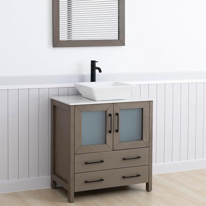 Vanity Art 30 Inch Vessel Single Sink Bathroom Vanity Cabinet with 1 Mirror, Engineered Marble Top Bathroom Cabinet Compact Set with 2 Dovetail Drawers and Soft Closing Doors, VA3130-DG