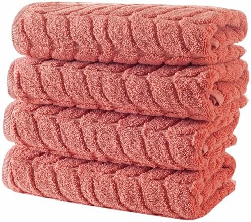 BAGNO MILANO Turkish Cotton Bath Towels, Hand Towels - Soft Plush Jacquard Collection Luxury Towels Set (Coral Red, Hand Towel Set of 4)
