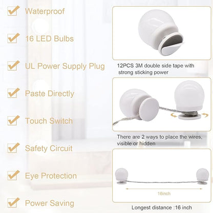 Vanity Lights for Mirror, 16 LED Bulbs Hollywood Makeup Lights, 3 Color Modes, Dimmable Brightness, Plug in, Stick up, for Dressing Table Bathroom Body Wall Mirror Lights