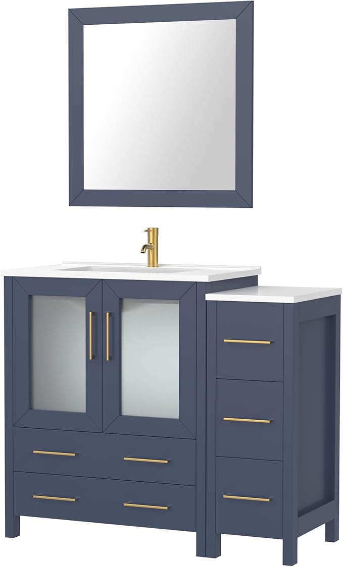 Vanity Art 42 Inch Under Mount Single Sink Bathroom Vanity Cabinet with 1 Mirror, Ceramic Top Bathroom Cabinet Compact Set with 5 Dovetail Storage Drawers and Gold Finish Handles, VA3030-42B