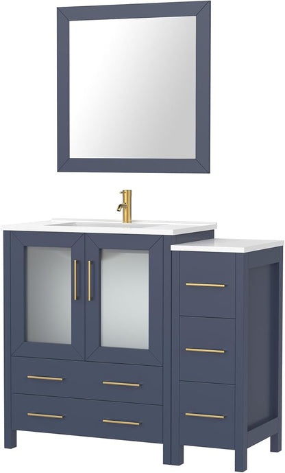 Vanity Art 42 Inch Under Mount Single Sink Bathroom Vanity Cabinet with 1 Mirror, Ceramic Top Bathroom Cabinet Compact Set with 5 Dovetail Storage Drawers and Gold Finish Handles, VA3030-42B