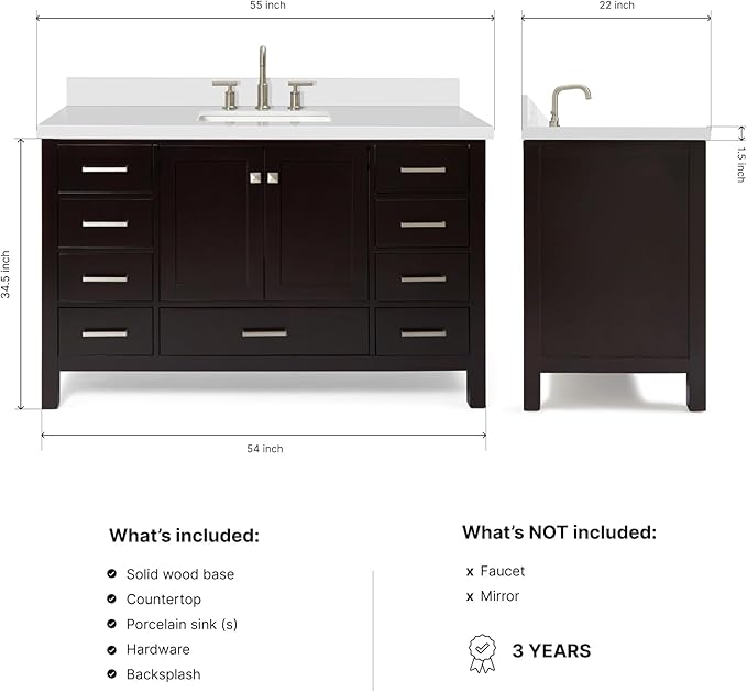ARIEL Cambridge 54-inch Bathroom Vanity with Sink,Solid Wood, 1.5-inch Pure White Quartz Countertop, Single Rectangular Porcelain Sink, 2 Soft Closing Doors, 9 Dovetail Drawers, Espresso