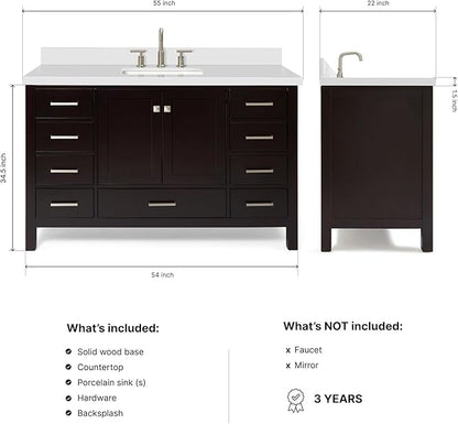 ARIEL Cambridge 54-inch Bathroom Vanity with Sink,Solid Wood, 1.5-inch Pure White Quartz Countertop, Single Rectangular Porcelain Sink, 2 Soft Closing Doors, 9 Dovetail Drawers, Espresso