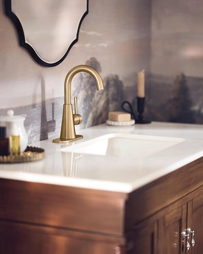 Moen Ronan Bronzed Gold One-Handle Single Hole Modern Bathroom Sink Faucet with Optional Deckplate and Spring Loaded Drain Assembly, 84021BZG