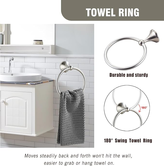 Classic Bathroom Hardware 4-piece Set, Brushed Nickel | Wall Mounted,Stainless Steel and Zinc material,Including Towel Bar,Towel Ring,Toilet Paper Holder,Robe Hook