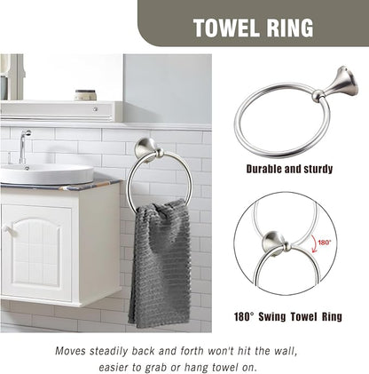 Classic Bathroom Hardware 4-piece Set, Brushed Nickel | Wall Mounted,Stainless Steel and Zinc material,Including Towel Bar,Towel Ring,Toilet Paper Holder,Robe Hook