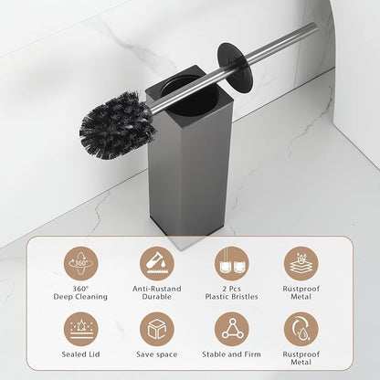 BGL Standing Toilet Brush and Holder GunGrey Aluminium Toilet Bowl Cleaner Brush and Holder for Bathroom Storage and Organization, Square Design Sturdy and Space Saving