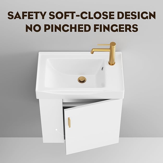 phiestina 20 Inch White Floating Small Bathroom Vanity, Pre-Assembled Wall-Mounted Cabinet with Sink, Left Side Storage, Soft-Close Door, Modern Space-Saving Design, No Faucet, BV07-20-WHITE-PLUS