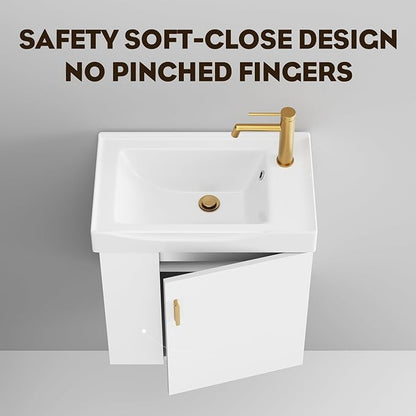 phiestina 20 Inch White Floating Small Bathroom Vanity, Pre-Assembled Wall-Mounted Cabinet with Sink, Left Side Storage, Soft-Close Door, Modern Space-Saving Design, No Faucet, BV07-20-WHITE-PLUS