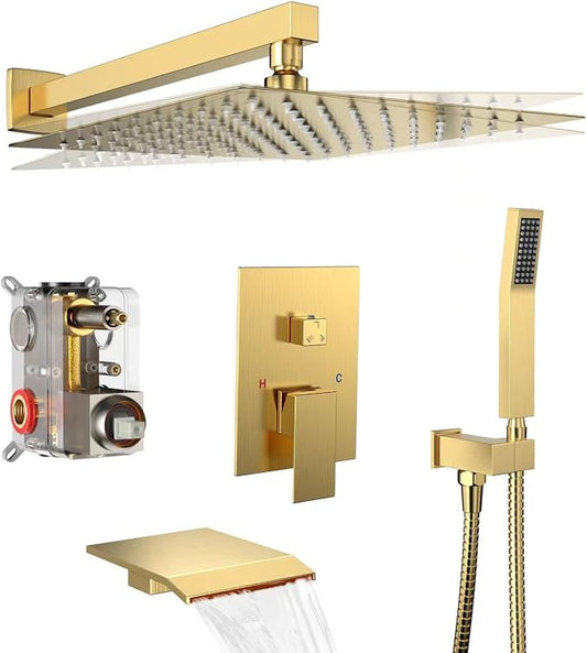 Brushed Gold Shower System Rain Faucet Set with Tub Spout, 12 inch | All-Metal Wall Mounted Bathroom Shower Faucet Set with Safe Pressure Balance Valve, Water Saving High Pressure Rainfall Head