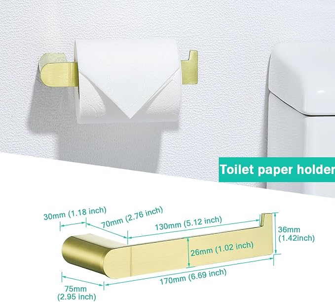 Brushed Gold Bathroom Hardware Set 4 Pieces,18 Inch Stainless Steel Towel Rack Kit,Towel Rod Coat Hook and Toilet Paper Holder Wall Mounted Bathroom Towel Bar Set
