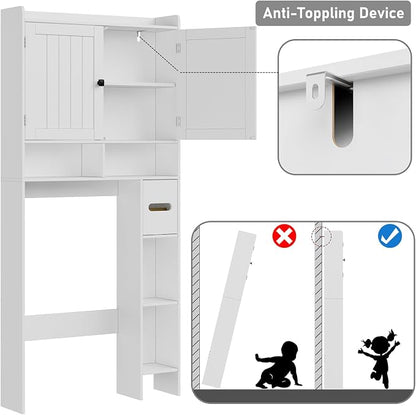 RRX Over The Toilet Storage Cabinet, Bathroom Above Organizer (Milky White) | Free Standing Toilet Rack with Adjustable Shelf and Open Storage, Double Doors, Space Saver, 30.7" L x 7.87 "W x 65.7 "H
