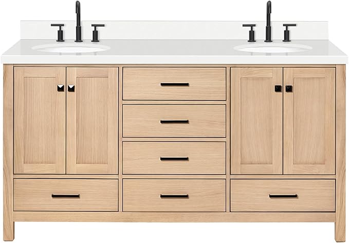 ARIEL Cambridge 66-inch Bathroom Vanity with Sink,Solid Wood, 1.5-inch Pure White Quartz Countertop & Backsplash, Double Oval Porcelain Sink, 4 Soft Closing Doors, 6 Dovetail Drawers, White Oak