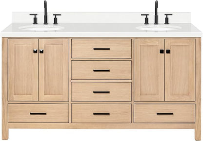 ARIEL Cambridge 66-inch Bathroom Vanity with Sink,Solid Wood, 1.5-inch Pure White Quartz Countertop & Backsplash, Double Oval Porcelain Sink, 4 Soft Closing Doors, 6 Dovetail Drawers, White Oak