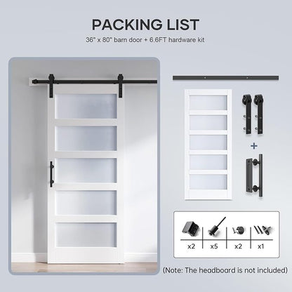 36x80 Inch Glass Sliding Barn Door Slab and 6.6ft Hardware Kit Included, 5 Frosted Glass, LVL Wood Panel Covered with White Water-Proof Scratch-Proof PVC Surface, Simple DIY Assembly