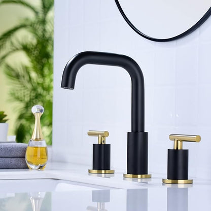 TRUSTMI Brass Bathroom Faucet 2 Handle 8 Inch Widespread Vanity Sink Mixer Faucet with Overflow Pop Up Drain Assembly, Matte Black and Brushed Gold
