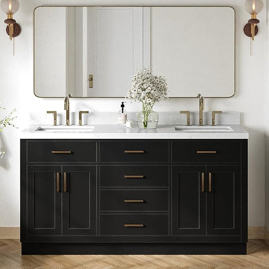 ARIEL Hepburn 66-inch Bathroom Vanity with Sink,Solid Wood, 1.5-inch Carrara White Quartz Countertop & Backsplash, Double Rectangular Porcelain Sink, 4 Soft Closing Doors, 6 Dovetail Drawers, Black