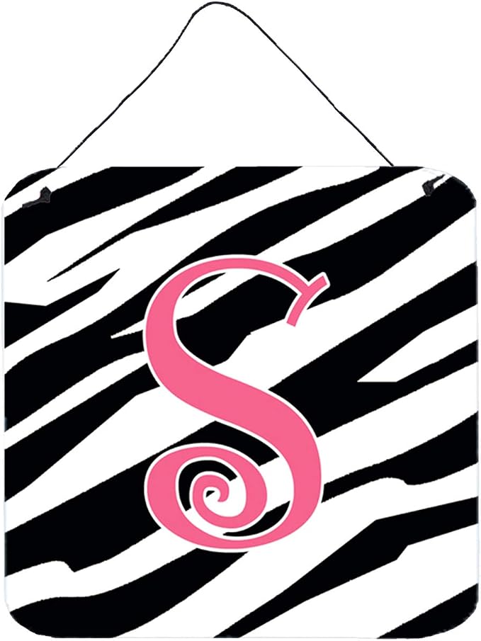 Caroline's Treasures CJ1037-SDS66 Letter S Initial Zebra Stripe and Pink Wall or Door Hanging Prints Aluminum Metal Sign Kitchen Wall Bar Bathroom Plaque Home Decor, 6x6, Multicolor