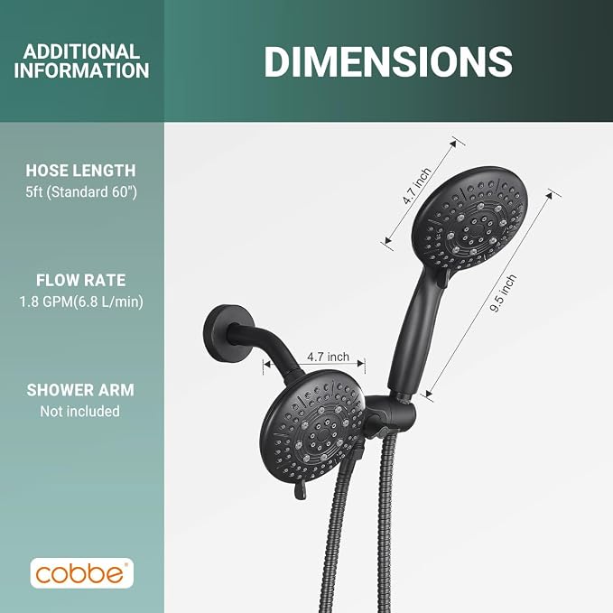 Cobbe® Dual Shower Head Combo, Handheld & Fixed, Matte Black | Two Full-Size Shower Heads, 59'' Stainless Steel Hose, Water Saving with 3-Way Water Diverter, Tool-Free Installation