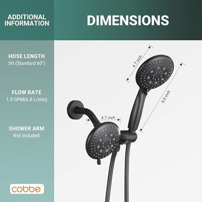 Cobbe® Dual Shower Head Combo, Handheld & Fixed, Matte Black | Two Full-Size Shower Heads, 59'' Stainless Steel Hose, Water Saving with 3-Way Water Diverter, Tool-Free Installation
