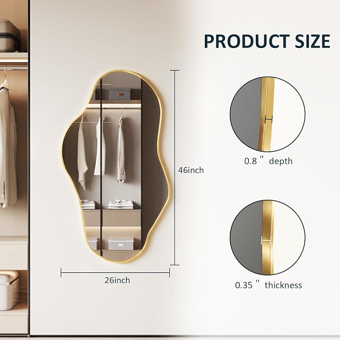 Irregular Full Length Mirror, 26"x46" Full Body Mirror with Metal Frame, Asymmetrical Mirrors for Entryway Bathroom Living Room Bedroom, Horizontal or Vertical Hanging