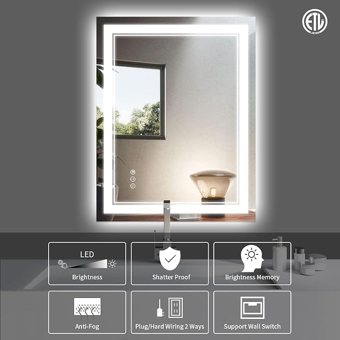 24x36 Inch LED Bathroom Mirror with Lights | Front and Backlit, 3 Colors, Dimmable, Memory, Anti Fog, Shatterproof, Horizontal/Vertical, Lighted Mirrors for Bathroom Wall