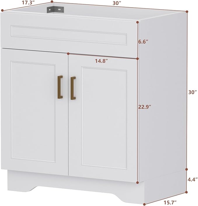 30 Inch Bathroom Vanity, Wooden Double Door Bathroom Storage Cabinet, Freestanding Cabinet Vanity Without Sink (White Without Sink, 30")