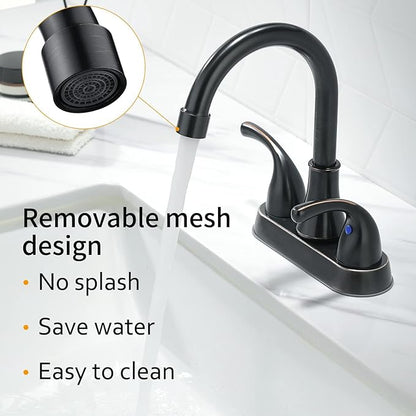 Bathroom Sink Faucet FRANSITON 4 Inch Faucet 2 Handle Bathroom Sinks Faucets Lead-Free Oil Rubbed Bronze Bath Sinks Faucets with Pop-up Drain Stopper and Supply Hoses