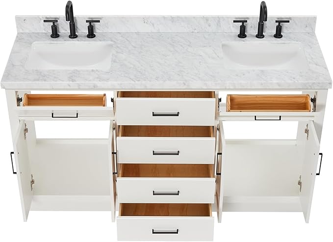 ARIEL Hepburn 66-inch Bathroom Vanity with Sink,Solid Wood, 1.5-inch Italian Carrara Marble Countertop, Double Rectangular Porcelain Sink, 4 Soft Closing Doors, 6 Dovetail Drawers, White