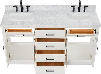 ARIEL Hepburn 66-inch Bathroom Vanity with Sink,Solid Wood, 1.5-inch Italian Carrara Marble Countertop, Double Rectangular Porcelain Sink, 4 Soft Closing Doors, 6 Dovetail Drawers, White