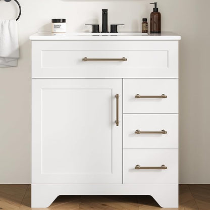 LIKIMIO 30" Bathroom Vanity with Sink, U-Shaped Drawer & 2 Drawers, 1 Door | Freestanding Bathroom Vanity, Integrated Ceramic Sink, Soft-Close Doors & Drawer, Modern Bathroom Cabinet, Assembly Required