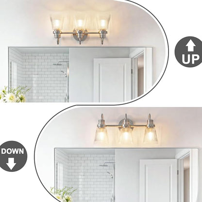 Brushed Nickel Bathroom Light Fixtures, 18.8 Inch Modern Vintage Vanity Lights with Clear Striped Glass Shade, 3-Light Bathroom Wall Sconce Over Mirror for Entryway Bedroom