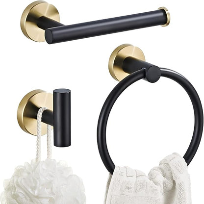 3-Piece Black and Gold Bathroom Hardware Set, Stainless Steel, Wall Mounted | Bathroom accessories set includes hand towel ring, toilet paper holder and robe hook, stainless steel wall-mounted desig