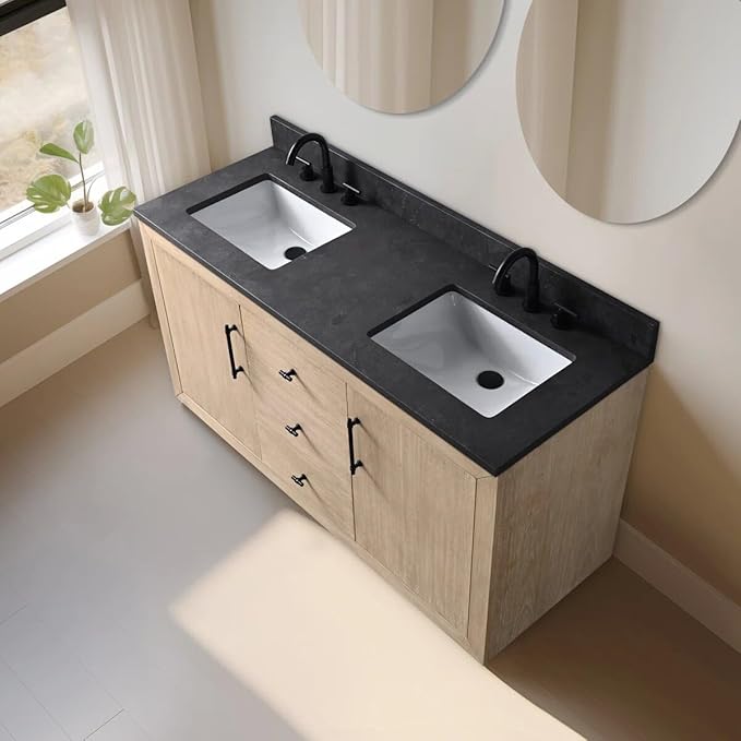 Vanity Art 60 inch Double Sink Bathroom Vanity, Vanity Cabinet with Doors and Shelf, Modern Wood Bathroom Vanity with White Marble Top, Solid Wood Frame, 3 Functioning Drawers, VA70-60-DLW-B