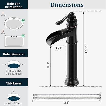 Bathroom Vessel Sink Faucet Waterfall Single Handle Single Hole | Oil Rubbed Bronze,Brass,Pop Up Drain without Overflow,Supply Line,Easy to Clean,Easy Installation,Rust Resistant,Minimalist