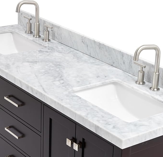 Beckford 66" Espresso Double Bathroom Vanity with 1.5" Italian Carrara Marble Countertop, 2 Rectangular Undermount Sinks, 4 Soft Closing Shaker Doors, 6 Dovetail Drawers