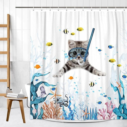 Funny Cat Shower Curtain,Cute Cat Teal Blue Sea OceanShower Curtain Set,Underwater Animal Fabric Shower Curtains for Bathroom with Hooks 72X72inches