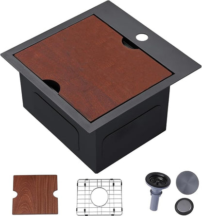 HOTIS 15 X 15 Inch Black Drop in Bar Sink, Black Bar Sink,Topmount RV Small Kitchen Sink, Outdoor Single Bowl Prep Sink with Dish Grid & Drain & Cutting Board