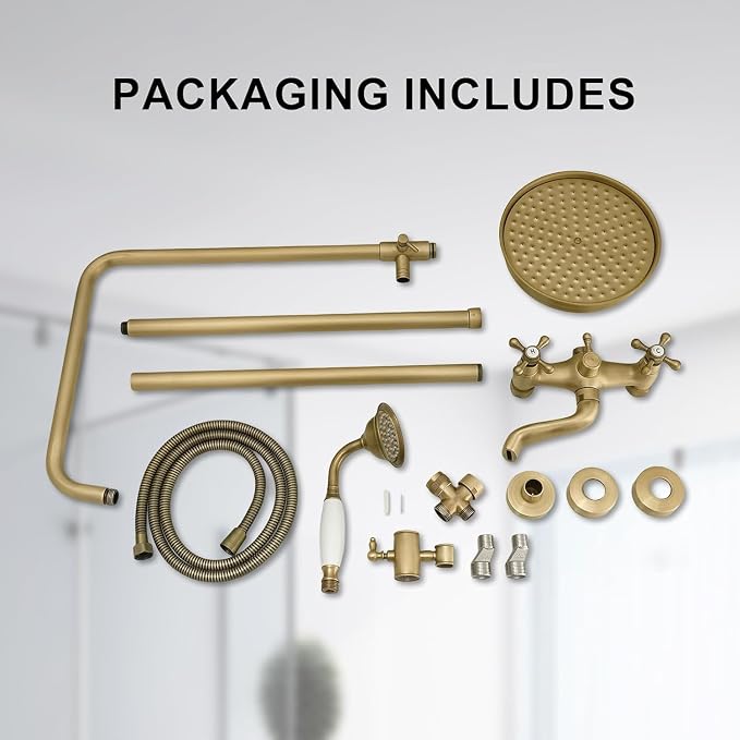 Homevacious Antique Brass Outdoor Shower Kit Exposed Shower | 8 Inch High Pressure Rain Shower Head with Hand Spray Bathroom Shower Faucet System Double Knobs Cross Handle 3-function