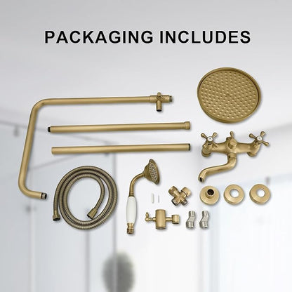 Homevacious Antique Brass Outdoor Shower Kit Exposed Shower | 8 Inch High Pressure Rain Shower Head with Hand Spray Bathroom Shower Faucet System Double Knobs Cross Handle 3-function