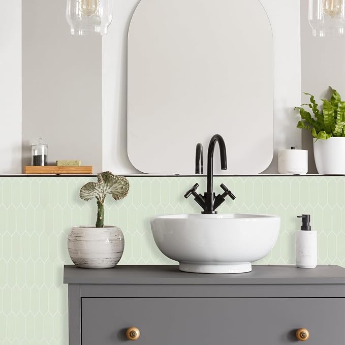 Sage Green Peel and Stick Backsplash Tile, Long Hexagon Self-Adhesive Faux Matte Ceramic Wall Stick for Kitchen and Bathroom, 6 Sheets