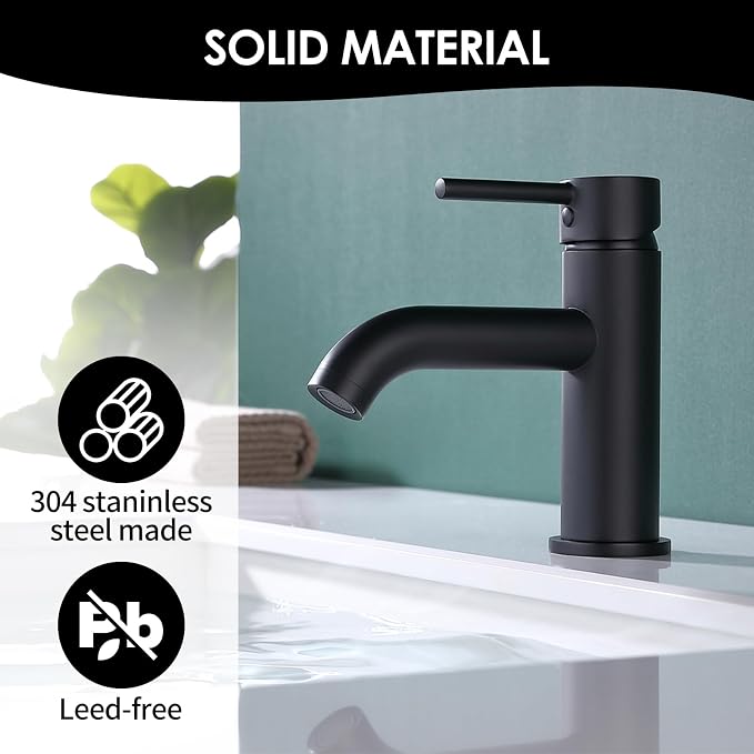 Single Handle Black Bathroom Faucet with Metal Drain Assembly and Escutcheon, Matte Black (Matte Black-JO1)